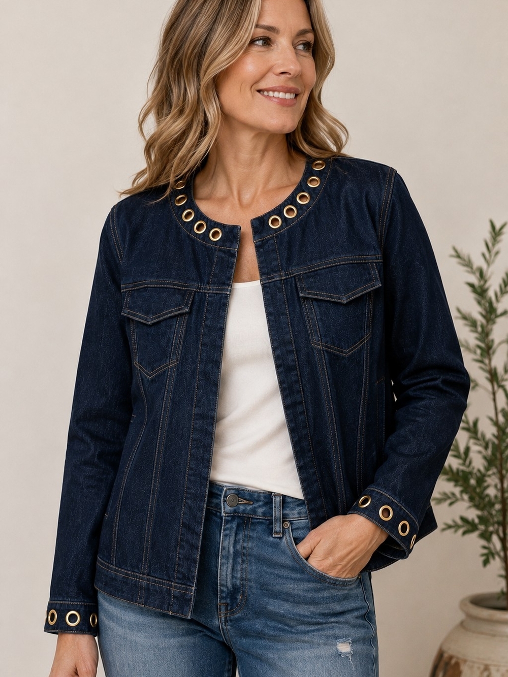Focus 2000 Dark Indigo Denim Jacket with Gold Eyelet Trim 18W Classic Nautical